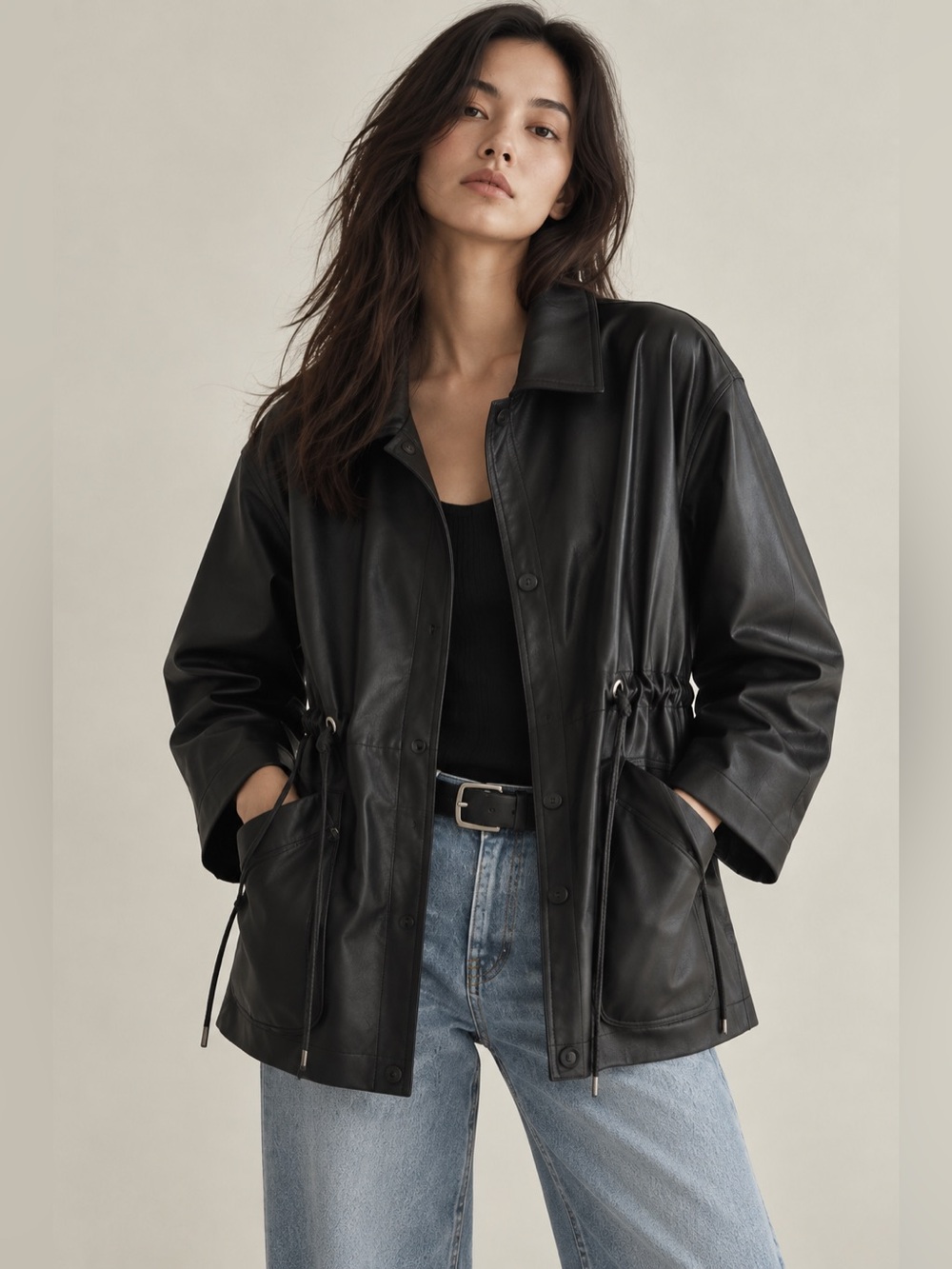 Classic Black Vegan Leather Jacket Oversized Drawstring Waist Utility Jacket